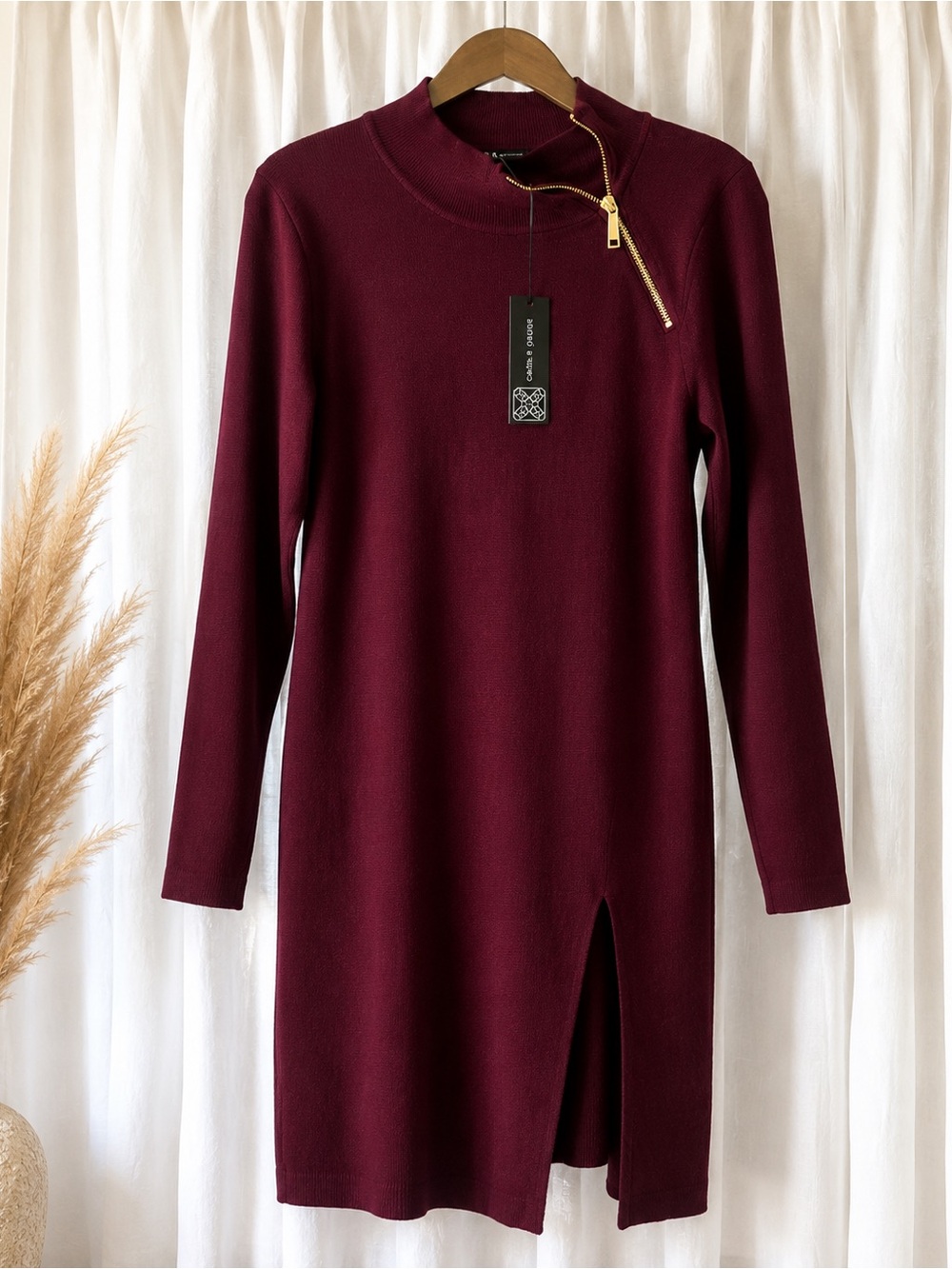 Cable & Gauge NWT Burgundy Mock Neck Sweater Dress Front Slit‎ Tunic Size M